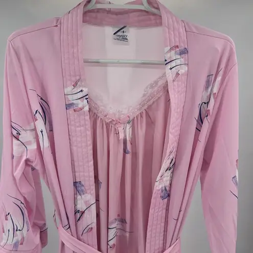 Odyssey by Avon Pink floral Lace Trim slip nightie and matching Robe S vintage