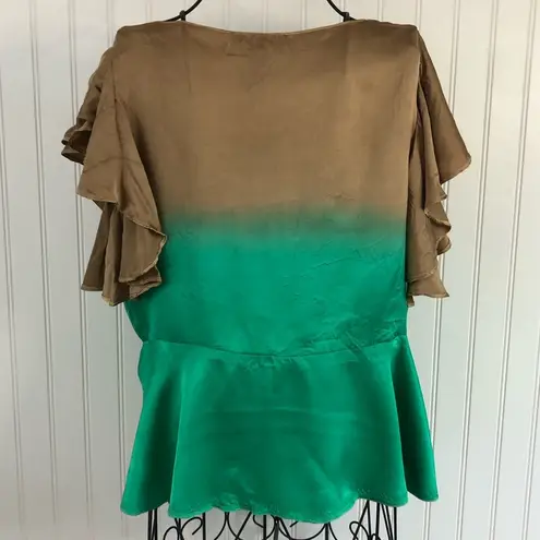 Heart Moon Star Brown and Green Ruffle Sleeve Silk Mai Tie Top Size M