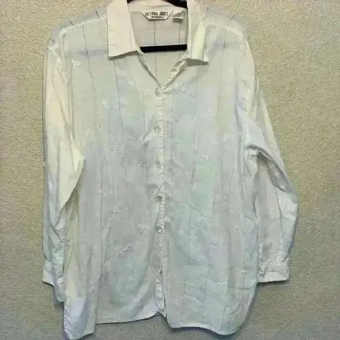 Victoria Jones white linen button down sz 2x lightweight casual floral *flaw