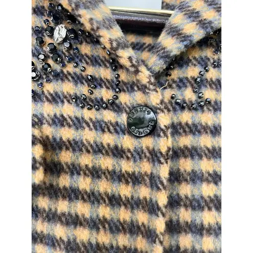 Sandro Paris Brodan Beaded Plaid Check Coat Wool Blend Button Front EU 38 US 6