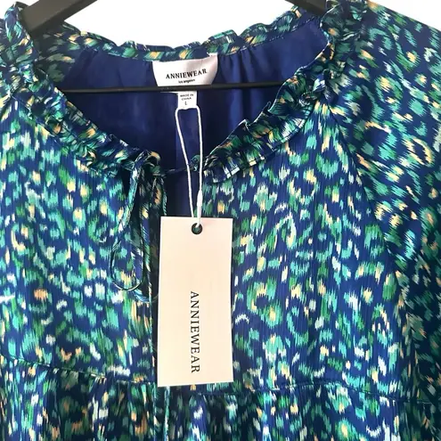 AnnieWear Los Angeles Boho Chiffon Blouse L Blue Green Ikat Ruffle Sleeve Size L
