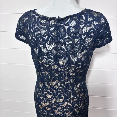 JACKIE JON Couture Navy & Nude Lace & Sequin Midi Dress Embellished Waistline 4 Blue