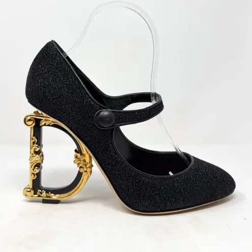 Dolce & Gabbana Mary Jane Pumps Black Baroque DG Logo Heel Size 38 Designer