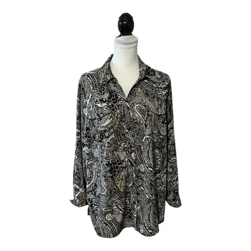 Notations Blouse Plus Size 2X Floral Mix Print Collared Button-Down Roll Tab Top