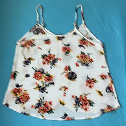 AMBIANCE gauzy floral adjustable spaghetti strap high low flowy tank top size L White Size L