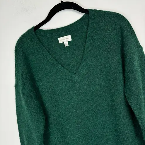 Lucky Brand  Forest Green Wool Fuzzy Sweater Sz Small Vneck Relaxed