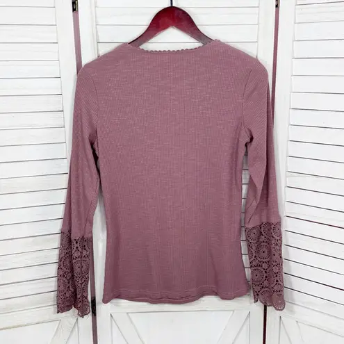 Ribbed Knit Lace Cuff Long Sleeve Henley Shirt Mauve Dusty Rose Size Large Purple
