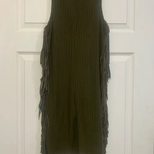 Dance & Marvel Ribbed Hunter Green Fringe Sleeveless Midi Med. Dress. 1145