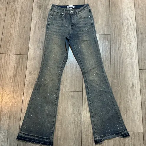 Ashley Mason Embellished Distressed Hem Flare Jeans - Studded Denim Boho Y2K Style sz 1/25
