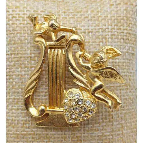 Vintage Gold Tone Harp Brooch Pin Cupid Angels Rhinestone Heart 1.75"