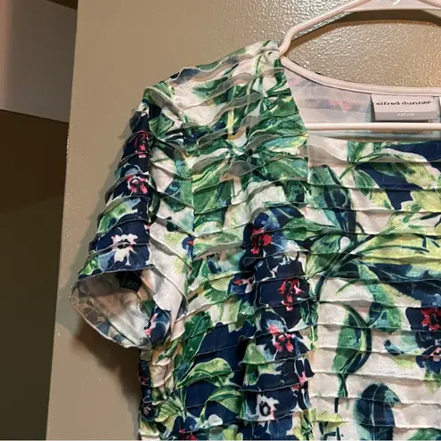 Alfred Dunner Blouse White Blue Green Tropical Floral Tiered LP