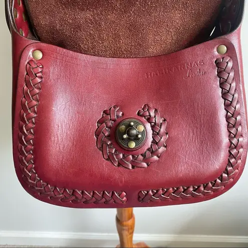 Halikarnas Vintage Crossbody Purse Burgundy Leather Handmade Braided Details Red