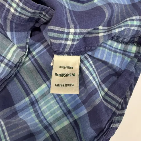 LL Bean Womens Blue Plaid Madras Cotton Button Up Shirt Size LARGE