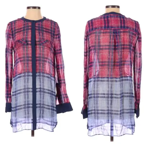 BCBGMAXAZRIA  chiffon plaid tunic length button down top