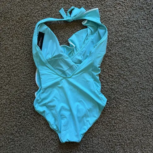 Carmen Marc Valvo NEW Carmen Marc Valvo Halter Ruffled One-Piece Swimsuit size: 12 Aqua
