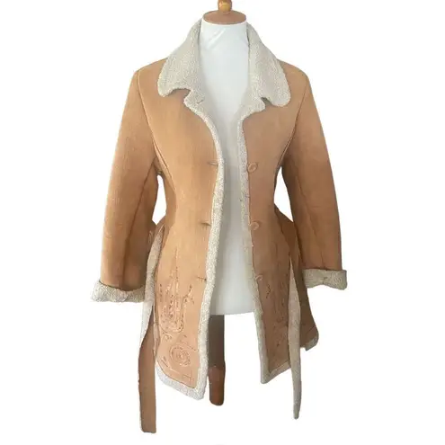 Daniel Benjamin Faux Leather Sherpa Lined Embroidered Boho Style Jacket Size Sma Tan