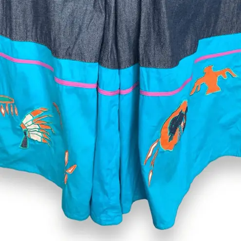 Vintage 90s Southwestern Appliqué Denim Button Up Shirt Gaucho Pants Set Medium Blue