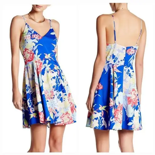 Yumi Kim Womens XS Floral Spaghetti Strap Fit & Flare Mini Dress Blue Pink