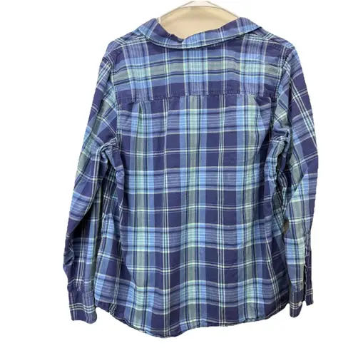 LL Bean Womens Blue Plaid Madras Cotton Button Up Shirt Size LARGE