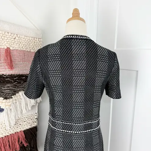 Misook Bold Plaid Tweed Knit Sheath Dress Short Sleeve Stretch Black White Sz S