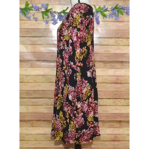 Nina Leonard Black Floral Boho Long Bell Sleeve Knee Length Dress Plus Size 2X