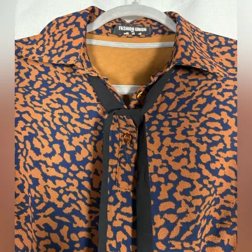 Fashion Union Brown and Navy Blue Leopard Print Long Sleeve Dress