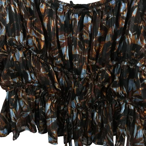 House of Harlow 1960 Revolve Metallic Abstract Puff Sleeve Blouse Brown Size L Size L