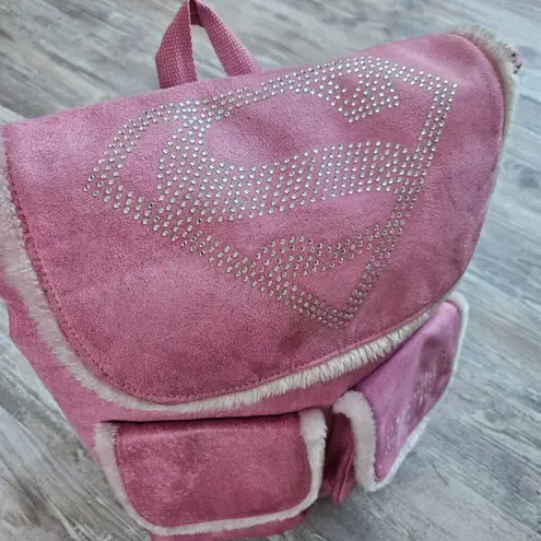 Supergirl Pink Faux Suede Backpack W/ Rhinestone Logo Furry Trim Bling Superhero