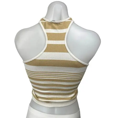 Stradivarius Gold White Striped Sleeveless Racerback Rib Knit Tank Crop Top XS