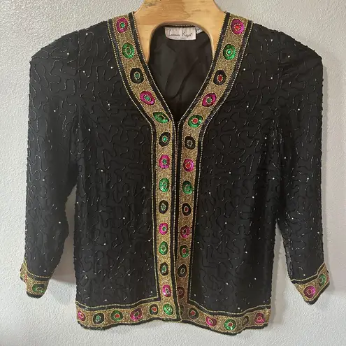 Laurence Kazar Beaded Silk Jacket Embellished Party Evening Top Black Medium