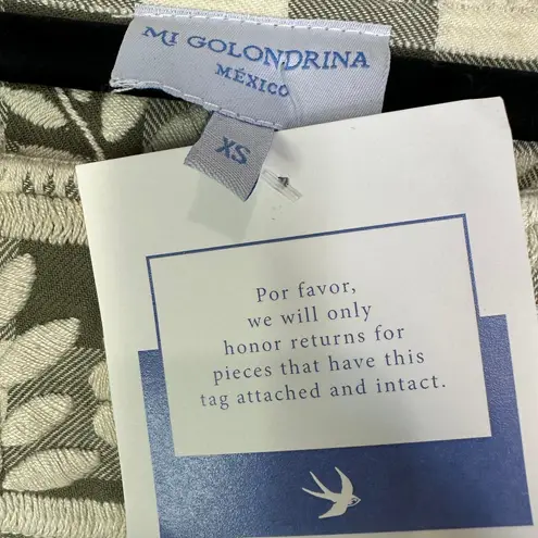 NEW Mi Golondrina Mexico Marta Dress Long Sleeves Women’s XS Cream Green Plaid