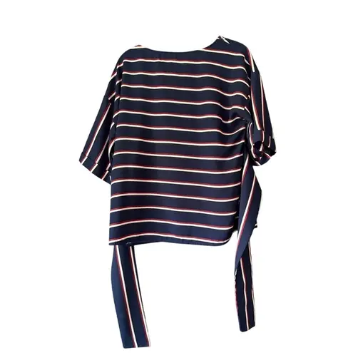 West Kei Striped Tie Waist Blouse‎ Top, Short Sleeve, Navy Blue, Red, White