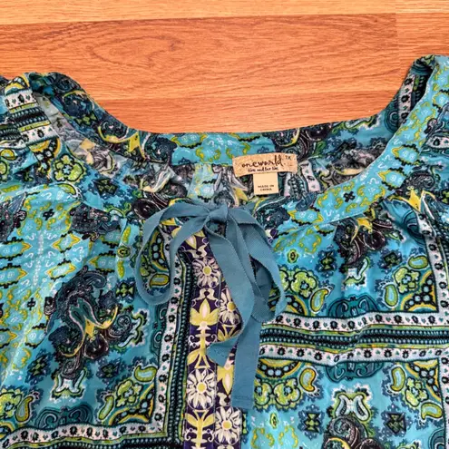 One World 1X Boho Peasant Blouse Blue Green Paisley Festival Top Rayon