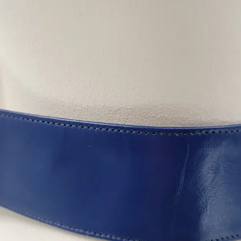 Yves Saint Laurent 4930 Wide Leather Belt Blue Rectangle Brass Buckle Art Deco