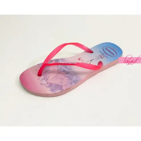 Havaianas Slim Paisage Flip Flops Pink Flamingo Mountains Sea Thong Flat Sandals