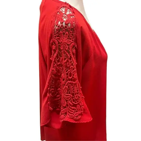 Alya  Red Blouse With V-Neck and 3/4in Bell Sleeve with Filagree Lace Pattern Dow