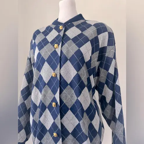 Vintage ‘80s Graff Californiawear Navy Blue & Gray Argyle Print Cardigan Sweater Size M