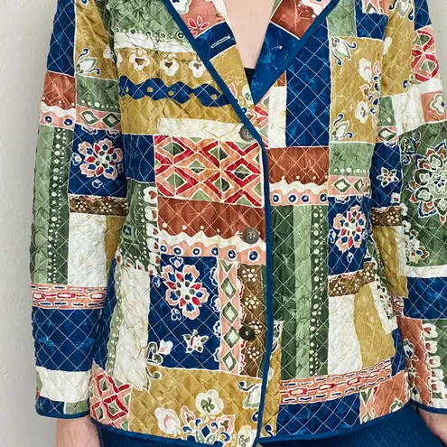 Retro Colorful Floral Quilted Patchwork Light Jacket Blazer Multi Size M