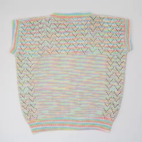 Vintage Homemade Pastel Rainbow Crochet Short Sleeve Sweater Shirt Pink Size M