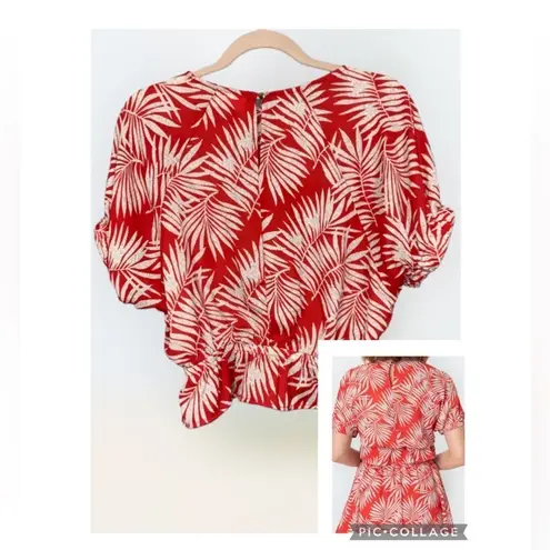 Allie Rose Red With Gray Tropical Foliage Dolman Short Sleeve Peplum Crop Top S