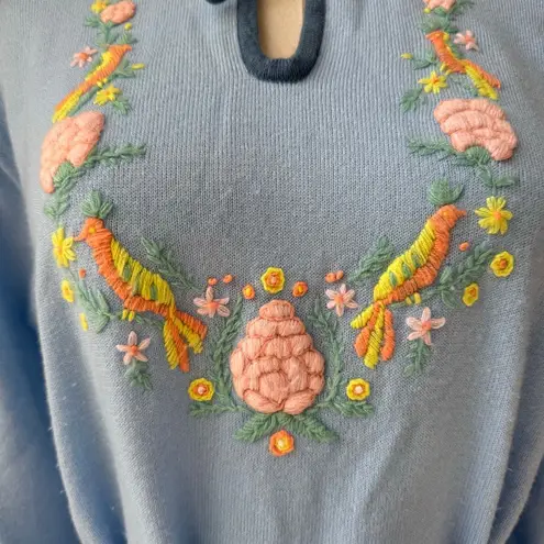 Vintage 70s CariKnits Belted Sweater Crewel Needlework M L Blue Size M