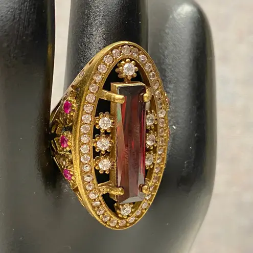Statement Cocktail Ring Rectangle Red Gemstone Clear Crystal Accents Size 9.25 Gold