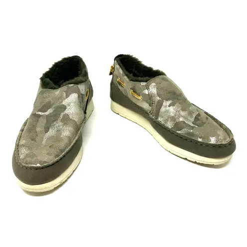 Sperry  size 7.5  STS86941 Olive camo fur‎ lined slip on shoes leather D21-61971