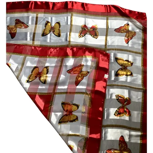 Vintage‎ Silky Butterfly Patchwork Pashmina Layering Scarf Red Boho Grandmacore White