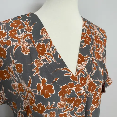 Mittoshop Midi Maxi Dress V-Neck Cuff Sleeves Floral Pockets Grey Rust White