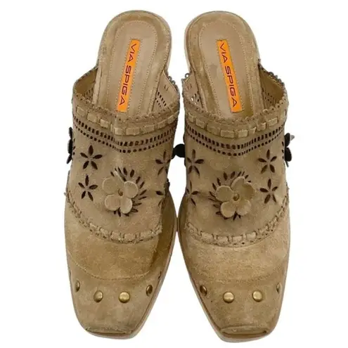 via spiga  Light Brown Suede Laser Cut Floral Suede Studded Mule Women’s Size 6.5