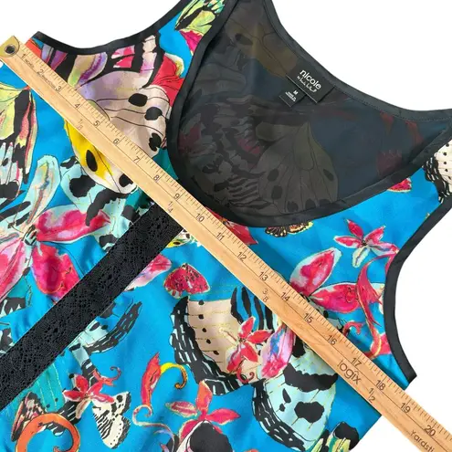 Nicole Miller Butterfly Print Top Size M Asymmetrical Hem Colorful Eclectic Black Size M