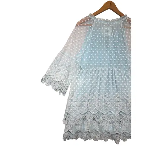 NWT COCOMORE Boutique Lace Trim Polka Dot Tassel Dress Romantic Flowy Sz 40 (10) Blue