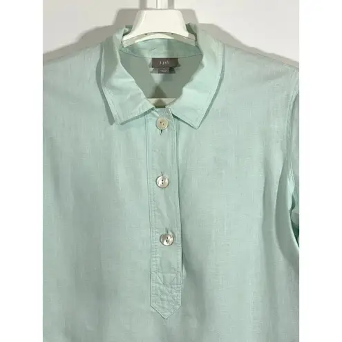 J.Jill Seafoam Green Long Sleeve 3 Button Tunic Jersey Lined Linen Pockets Small