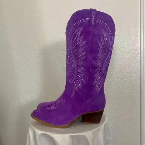 NEW Flame Stitched Knee High Western Purple Faux Suede Cowboy Boots US 11